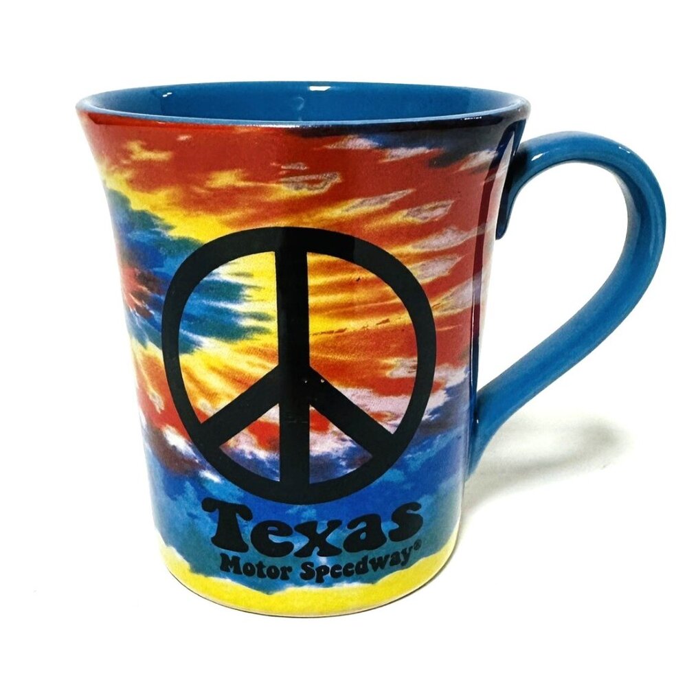 Peace Texas Motor Speedway Coffee Mug Car Racing Symbol Tie Dye Rainbow 12 oz